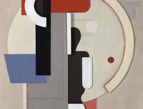 Abstraktes geometrisches, hochformatiges Gemälde mit Kreisen, Rechtecken und Linien in Rot, Blau und Schwarz von Willi Baumeister