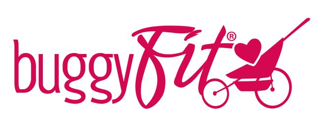 Logo von buggyFit mit Kinderwagen und Herzsymbol.