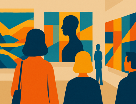 Menschen betrachten abstrakte Kunstwerke in einer Galerie.