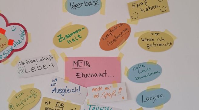 Ein Whiteboard auf dem eine Mindmap mit Gründen für Ehrenamt abgebildet ist
