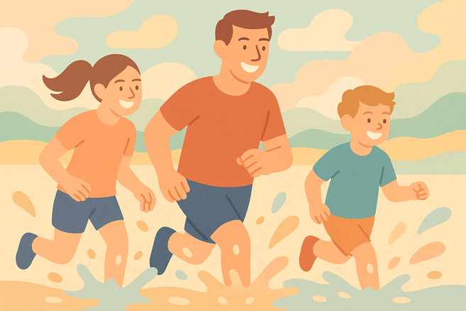 Illustration von drei Personen, die lachend durch Wasser laufen.