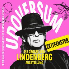 Plakat der Ausstellung 'UDOVERSUM - Die Große Udo Lindenberg Ausstellung' mit Udo Lindenberg in Schwarz-Weiß auf pinkem Hintergrund.