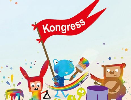 Bunte Zeichentrickfiguren mit einem Banner, auf dem 'Kongress' steht, und dem Schriftzug 'wir sind bunt'.
