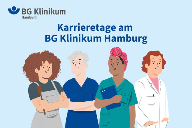 Veranstaltungsbanner: Karrieretag am BG Klinikum Hamburg, illustriert mit Figuren verschiedener Berufsgruppen.