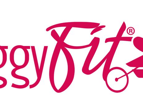 Logo von buggyFit mit Kinderwagen und Herzsymbol.