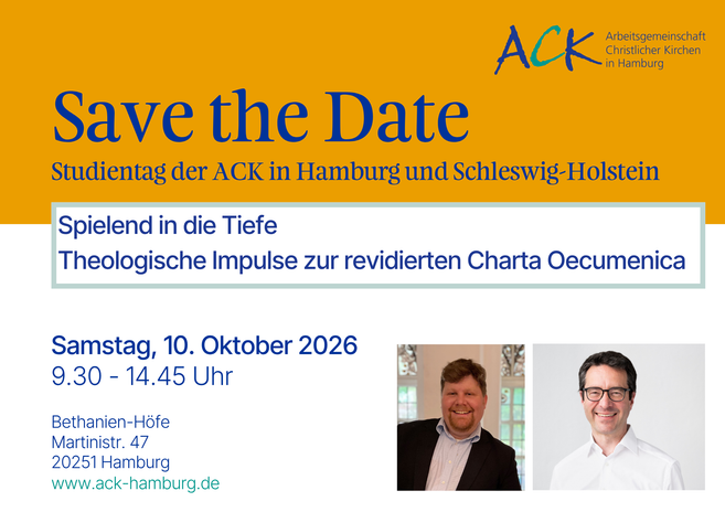 Plakat zum Theologischen Studientag der ACK in Hamburg und Schleswig-Holstein mit dem Titel „Save the Date“ und zwei Porträtfotos von Referenten.