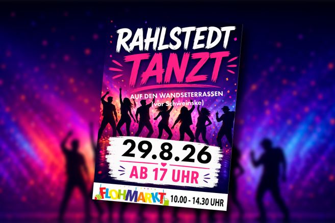 Werbeflyer für die Veranstaltung "Rahlstedt Tanzt" mit Flohamarkt vorweg am 29.08.2026 auf den Wandseterrassen in Rahlstedt