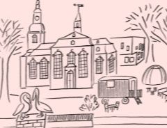 Skizze einer Kirche mit einem Wohnwagen und Bäumen im Vordergrund.