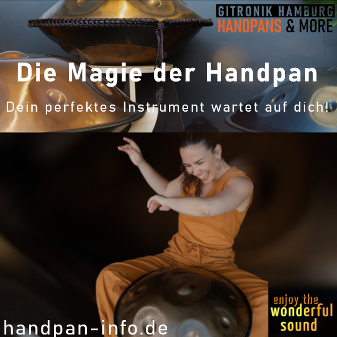 Frau spielt Handpan und lächelt, mit Text über die Magie der Handpan und Website-Informationen.