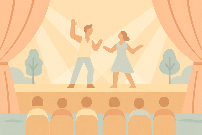 Abstrakte Illustration einer Theatervorstellung im Querformat mit Bühne, Vorhängen, zwei stilisierten Figuren und Publikum in Pastelltönen.