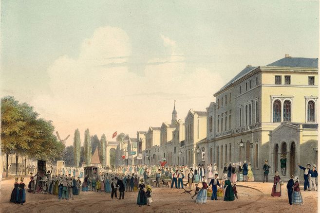 Historische Darstellung der Reeperbahn mit Menschen und Gebäuden im 19. Jahrhundert.