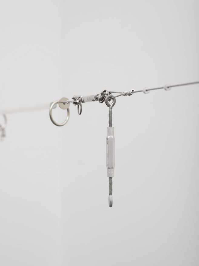 im Vordergrund ist ein quer-gespannter Drahtseil zu sehen, welches durch an ihr befestigte verschiedene Arten von Ringen, Muttern, Haken, sogenannte Hardware, aufgespannt wird. Hintergrund ist verschwommen.