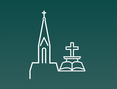 Symbol einer Kirche mit Kreuz und Bibel auf grünem Hintergrund.