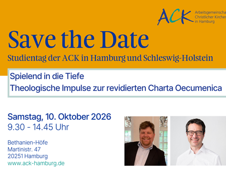 Plakat zum Theologischen Studientag der ACK in Hamburg und Schleswig-Holstein mit dem Titel „Save the Date“ und zwei Porträtfotos von Referenten.