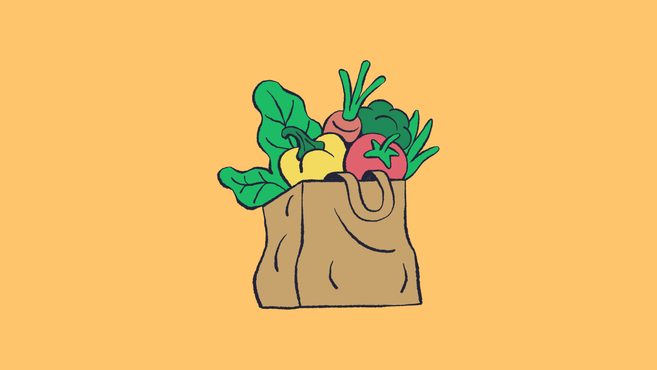 Illustration einer Papiertüte mit Gemüse auf orangefarbenem Hintergrund.
