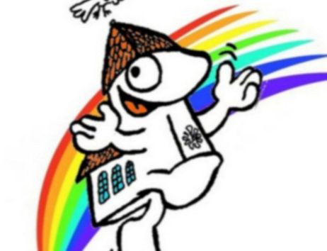 Logo der Migo-Gottesdienste in Schnelsen mit einer gezeichneten Figur vor einem Regenbogen und einer Taube darüber.