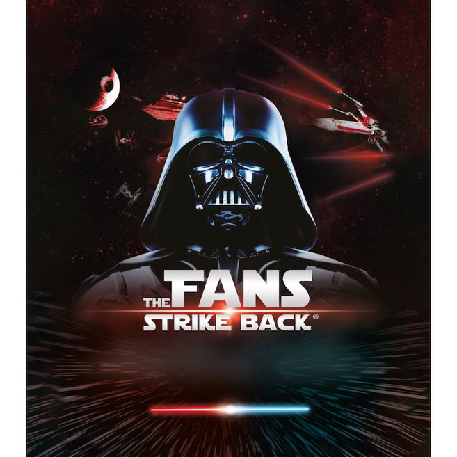Poster der Ausstellung 'The Fans Strike Back' mit Darth Vader und Raumschiffen im Weltraum.