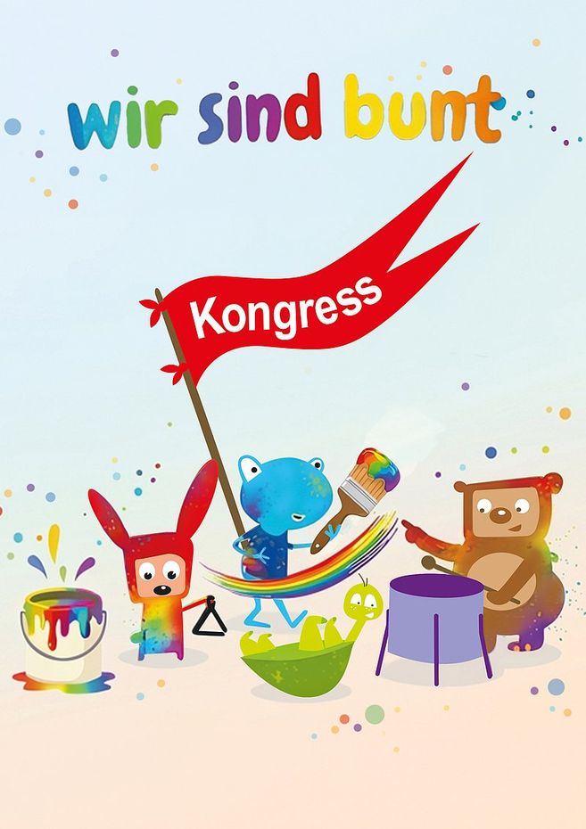 Bunte Zeichentrickfiguren mit einem Banner, auf dem 'Kongress' steht, und dem Schriftzug 'wir sind bunt'.