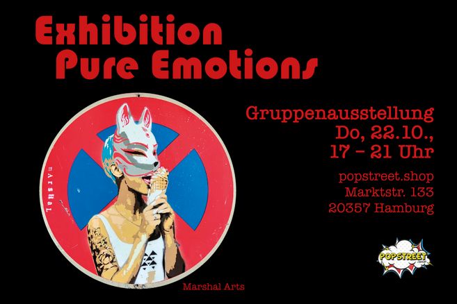 Ausstellung Pure Emotions der Galerie popstreet.shop mit Spraypainting von Marshal Arts auf einem Verkehrsschild, das eine Frau mit Gesichtsmaske zeigt, die ein Eis isst.