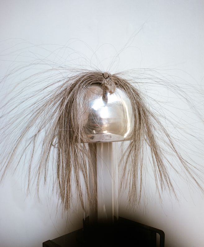 Das Bild zeigt einen Van-de-Graaff-Generator, vor weißem Hintergrund, auf dem sehr dicke graue Haare zusammengebunden liegen, ein paar einzelne Haare stehen hoch.