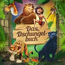 Illustration von Charakteren aus dem Dschungelbuch, darunter ein Junge, ein Bär, ein Tiger, ein Panther und eine Schlange.