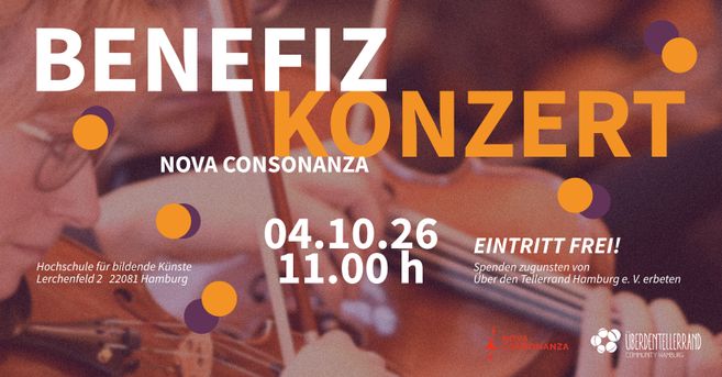 Nahaufnahme einer Person, die Geige spielt bei einem klassischen Konzert; Text mit Hinweisen zur Veranstaltung des Benefizkonzerts (Zeit, Ort, Eintritt frei - Spenden erwünscht)