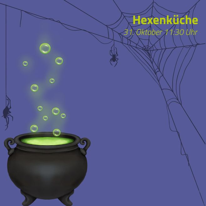 A black cauldron with green, frothy liquid stands in front of a purple background. Bubbling bubbles float above the cauldron, and in the background, cobwebs and spiders are visible.