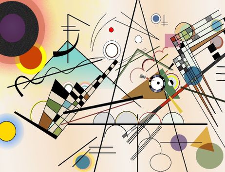Abstrakte geometrische Komposition mit Kreisen, Linien, Dreiecken und farbigen Flächen im Stil moderner Kunst.