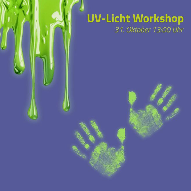 A flyer for a UV light workshop. It features green splashes of color and handprint-like marks on a purple background.