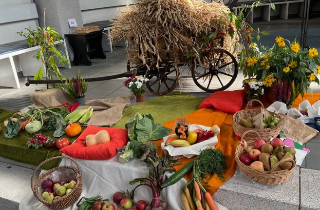 Erntedankfest-Dekoration mit Obst, Gemüse und einem Heuwagen in einer Kirche.