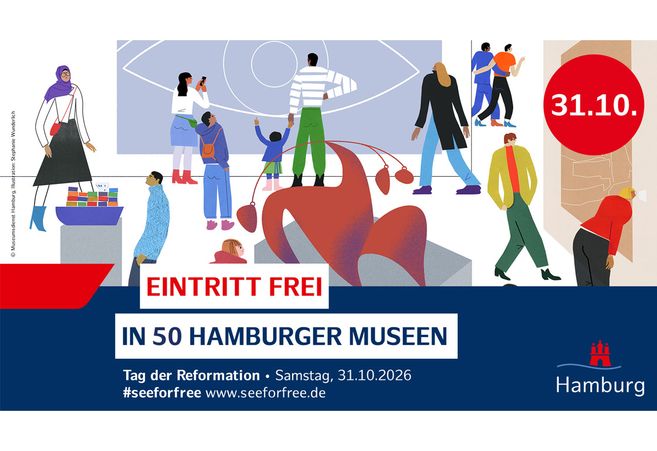 Plakat zu #seeforfree am 31.10.2026 mit stilisierten Museumsbesuchern, großem Auge und dem Hinweis „Eintritt frei in 50 Hamburger Museen“ sowie Hamburg-Logo.