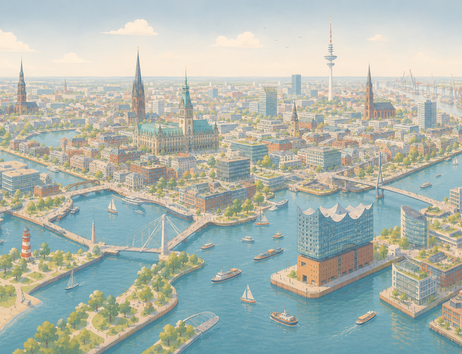 Illustration von Hamburg mit der Elbphilharmonie im Vordergrund und weiteren markanten Gebäuden im Hintergrund.