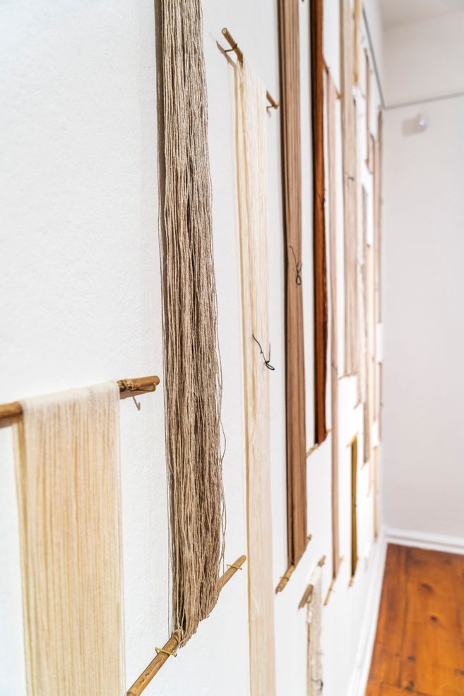 Nahaufnahme von Garnsträngen in verschiedenen Farben, die an einer weißen Wand hängen.