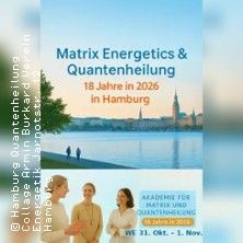 Werbung für eine Veranstaltung zur Quantenheilung in Hamburg mit Skyline im Hintergrund.