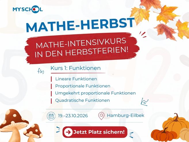 Werbemotiv von MySchool für den Mathe-Intensivkurs „Funktionen“ in den Herbstferien mit herbstlichen Blättern, Informationen zum Kurs und der Anmeldung.
