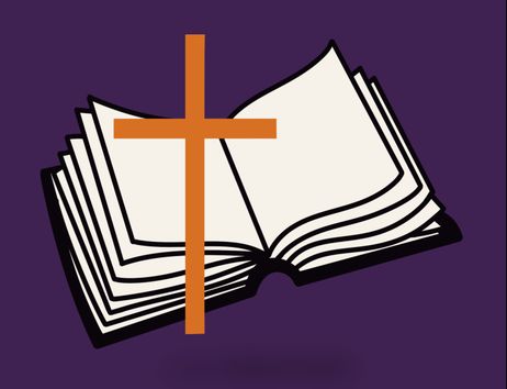 Illustration eines geöffneten Buches mit einem Kreuz darüber auf lila Hintergrund.