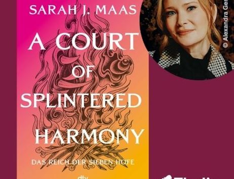 Buchcover von 'A Court of Splintered Harmony' mit einem Porträt von Sarah J. Maas.