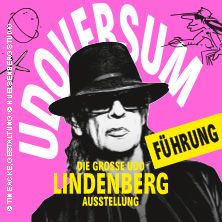Plakat zur Udo Lindenberg Ausstellung mit schwarz-weißem Porträt und pinkem Hintergrund.