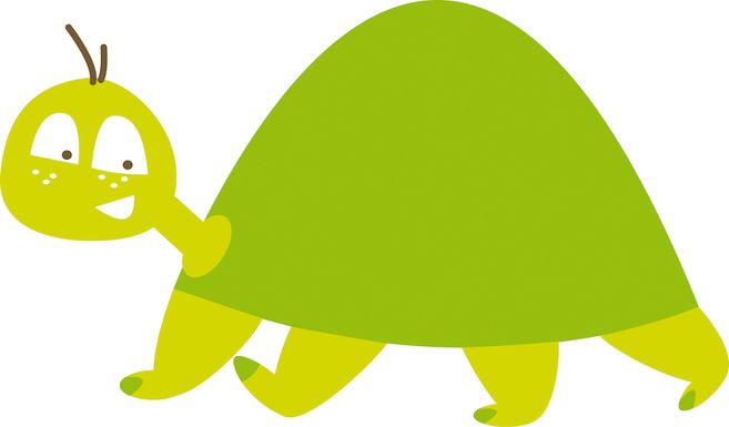 Illustration einer grünen Schildkröte mit lächelndem Gesicht auf weißem Hintergrund.
