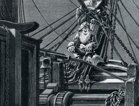Illustration eines Schiffsdecks mit einer mystischen Figur im Vordergrund.