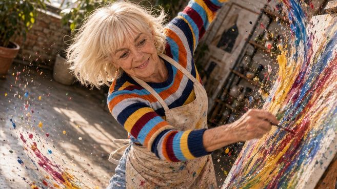 Barbara Kobus-Kath malt im Freien an einer farbenfrohen Leinwand; Farbspritzer fliegen durch die Luft.