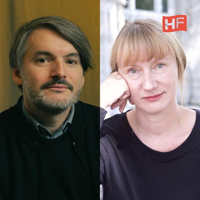 Zwei Personen, ein Mann und eine Frau, nebeneinander in einem geteilten Bild mit dem Logo 'HF' oben rechts.