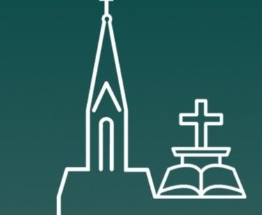 Grafik einer Kirche mit Kreuz und Bibel auf grünem Hintergrund.