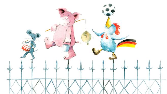 Illustration von drei Tieren: eine Maus mit Trommel, ein Schwein mit Eimer und ein Hahn mit Fußball auf einem Zaun balancierend.