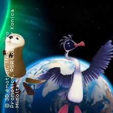 Zwei animierte Figuren, ein Vogel und ein kleiner Charakter, schweben vor einem Planeten im Weltraum.