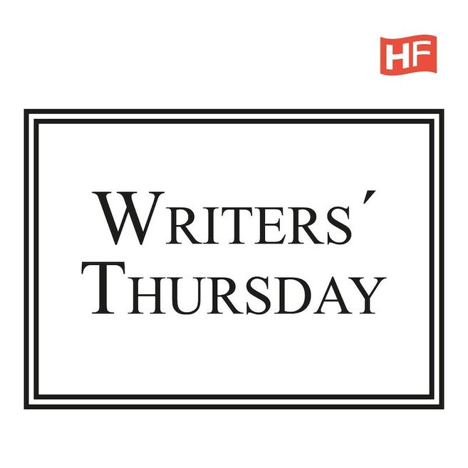 Schriftzug 'Writers' Thursday' in einem schwarzen Rahmen mit einem roten HF-Logo oben rechts.