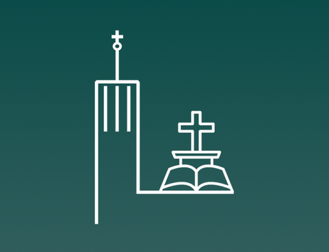 Symbolgrafik einer Kirche mit Turmkreuz, Altar, Kreuz und aufgeschlagenem Buch auf grünem Hintergrund.