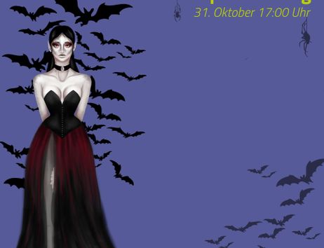 A vampiric figure in an elegant dress stands in front of a purple background. Black bats are flying around her, and the event is announced for October 31st.