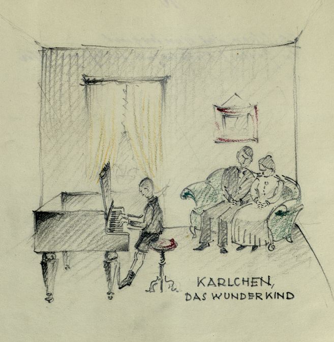 Zeichnung eines Kindes am Klavier mit zwei Erwachsenen auf einem Sofa im Hintergrund.