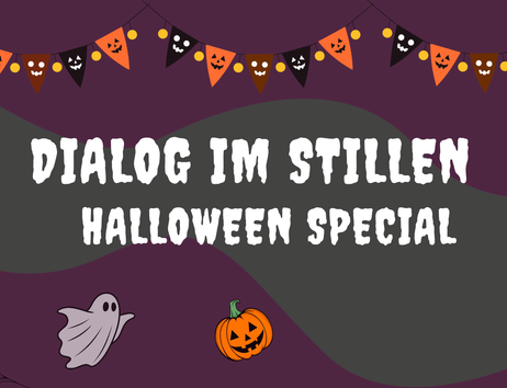 Halloween-Grafik mit dem Schriftzug „Dialog im Stillen Halloween Special“, Kürbissen, Geistern, Skelett und Spinnennetzen